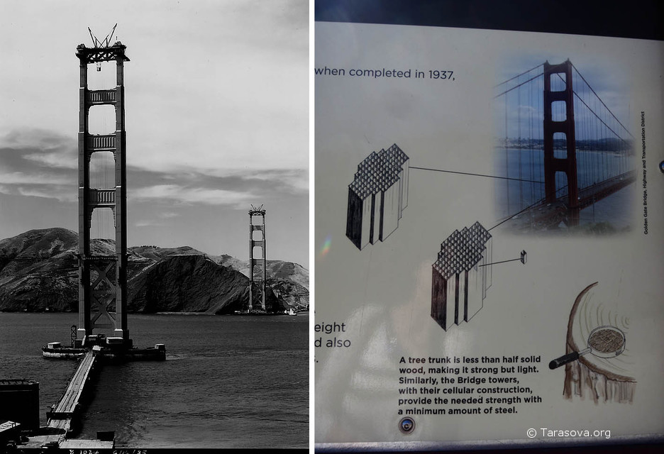 Слева – историческое фото строительства моста, справа – показано как именно устроены опоры моста Голден Гейт