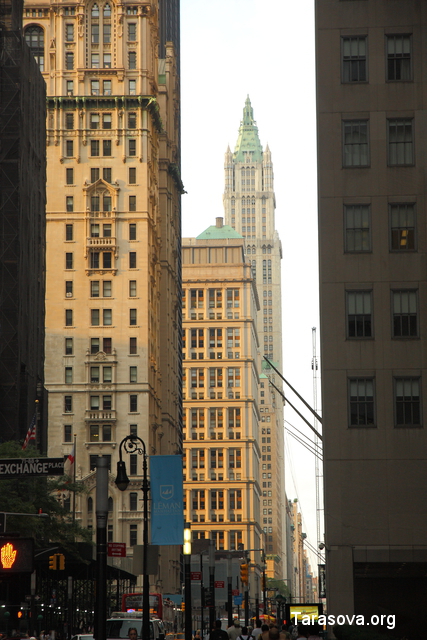 Здание (233 Broadway) на дальнем фоне с вершиной в виде заостренной пирамиды - Woolworth Building 