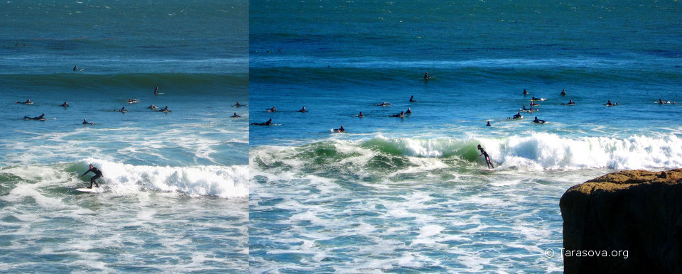 Серфингисты обожают волны у побережья Санта-Круз
