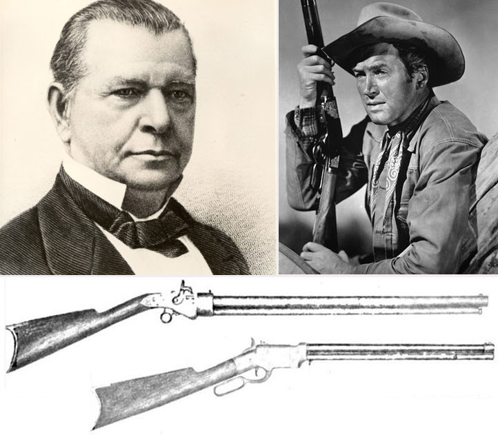 Сверху: слева – Оливер Винчестер, справа – кадр из фильма Winchester`73, внизу – винтовки Винчестера
