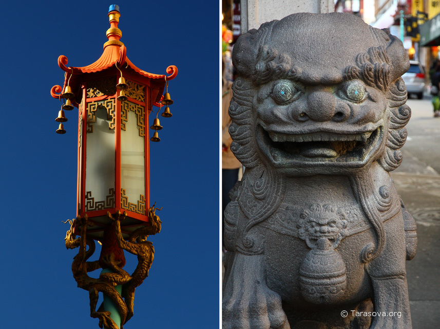 По обеим сторонам ворот стоят каменные львы, а фонари в китайском стиле можно увидеть по всему району