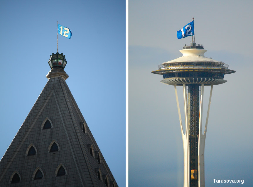 Слева – флаг на башне Smith Tower, справа – на башне Space Needle