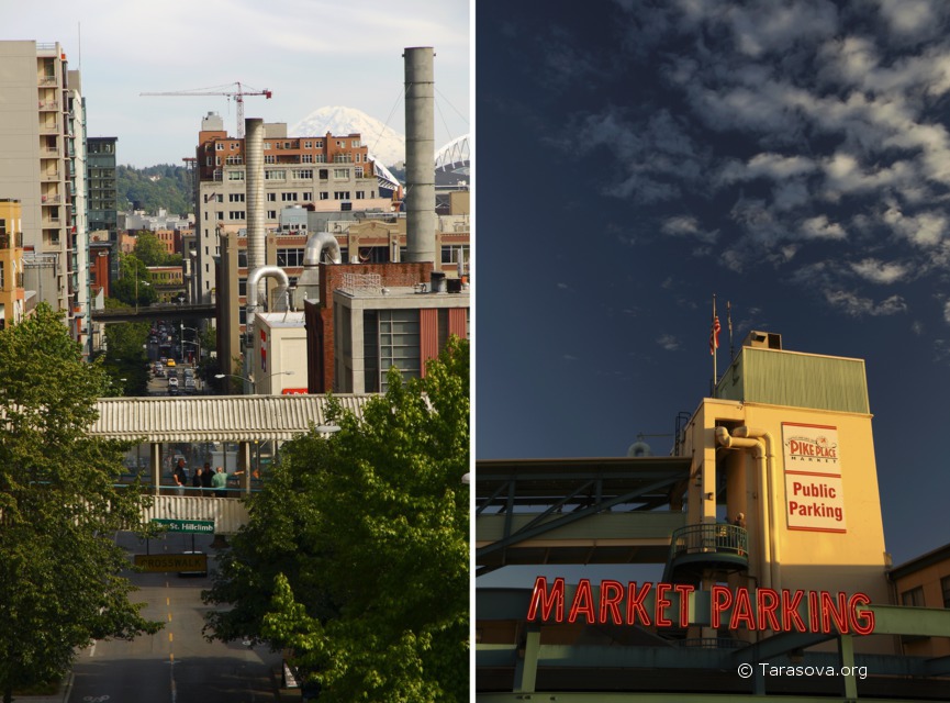 Слева – если смотреть от рынка на юго-восток, видна гора-вулкан Rainier, справа – автомобильная стоянка