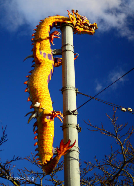 Столб с драконом на улице китайского квартала