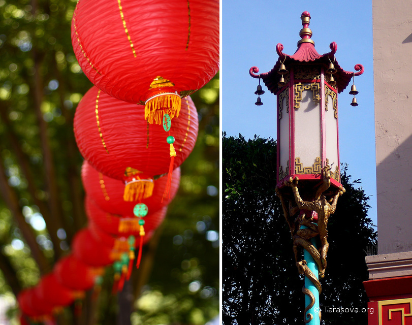 Китайский район украшен красными фонариками и фонарями с драконами