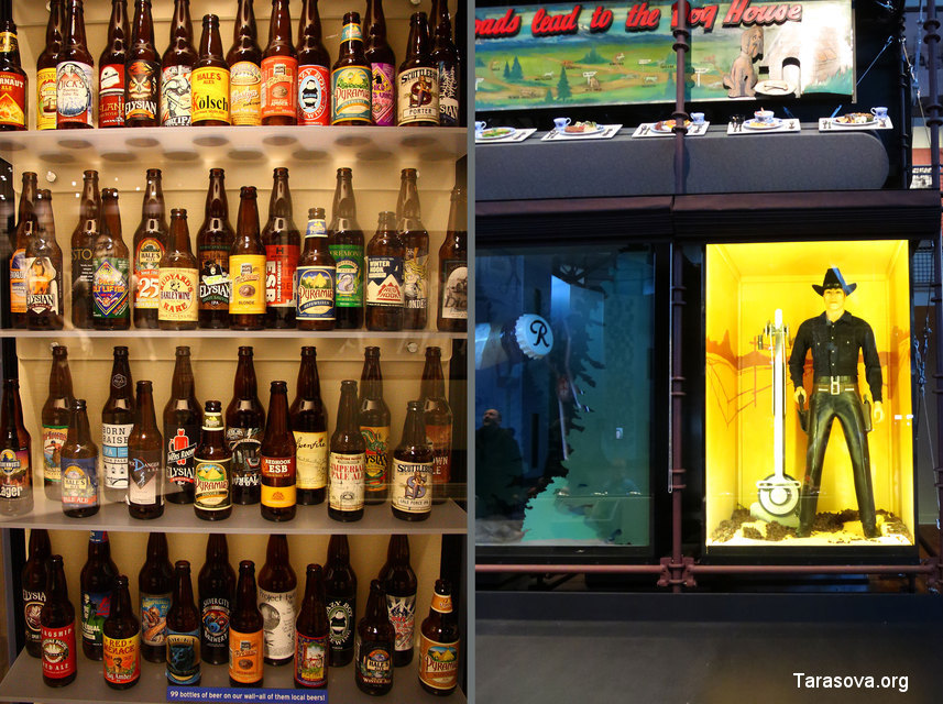 Слева - продукция пивоваренной компании Rainier, справа - рекламные щиты компании