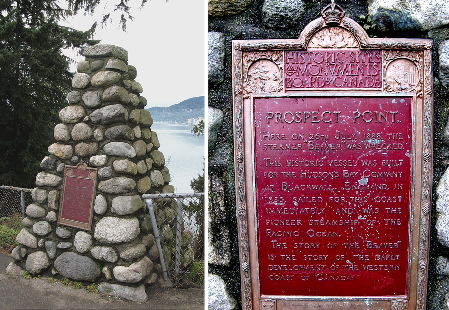 Памятник с памятной табличкой в виде скалы, на которую напоролся пароход Beaver
