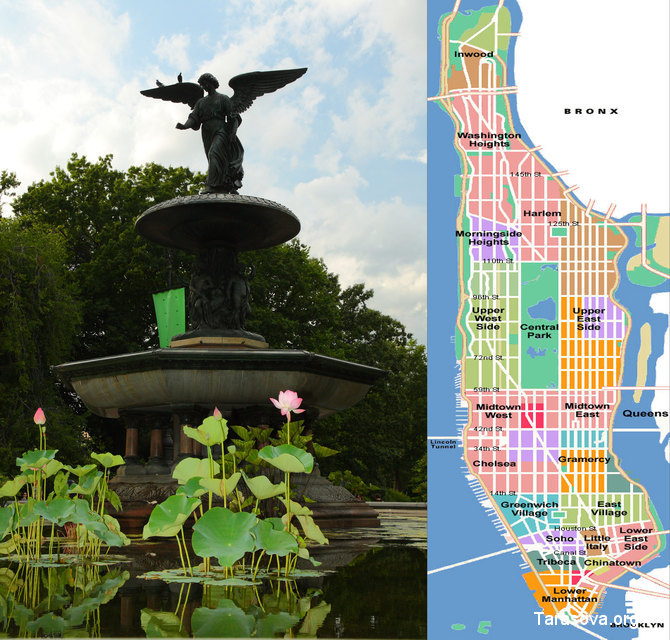 Слева – фрагмент фонтана, справа карта Манхэттена