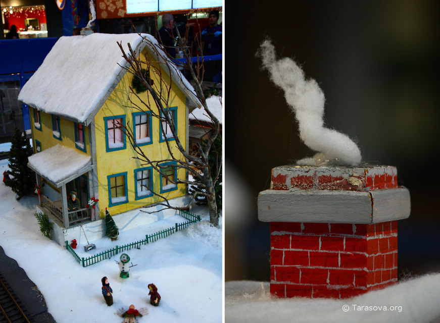 Справа – ватный дым из трубы получился довольно реалистично, слева – бытовая картинка из жизни одной из семей городка