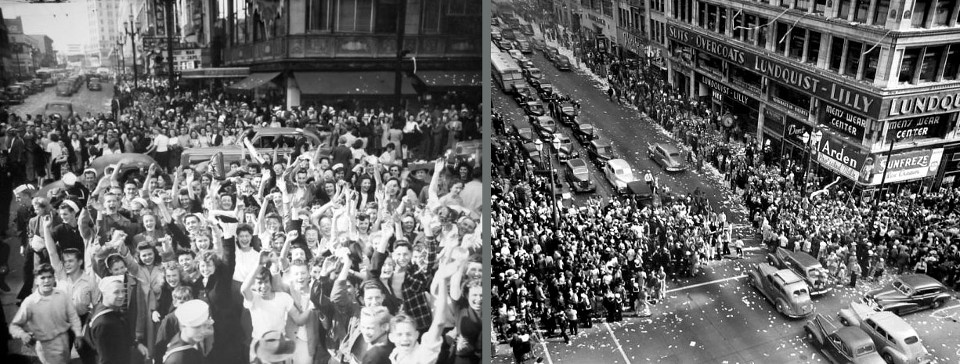 Люди празднуют День Победы на улицах Сиэтла